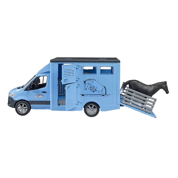 Blue Bruder MB Sprinter Animal Transporter toy with opening side door and ramp, featuring black horse figure, Vehicles & Remote Controlled Toys
