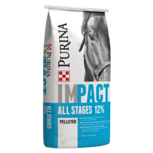 Bag of Purina IMPACT pelleted horse feed for all stages with 12% protein content in 50 lb packaging