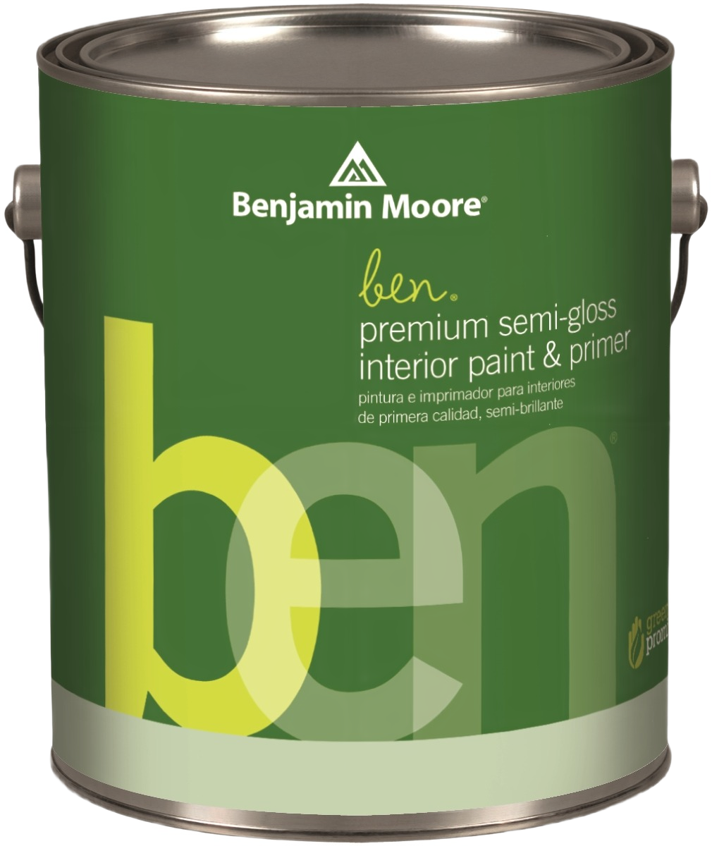 Benjamin Moore ben premium semi-gloss interior paint and primer can in green packaging for home improvement