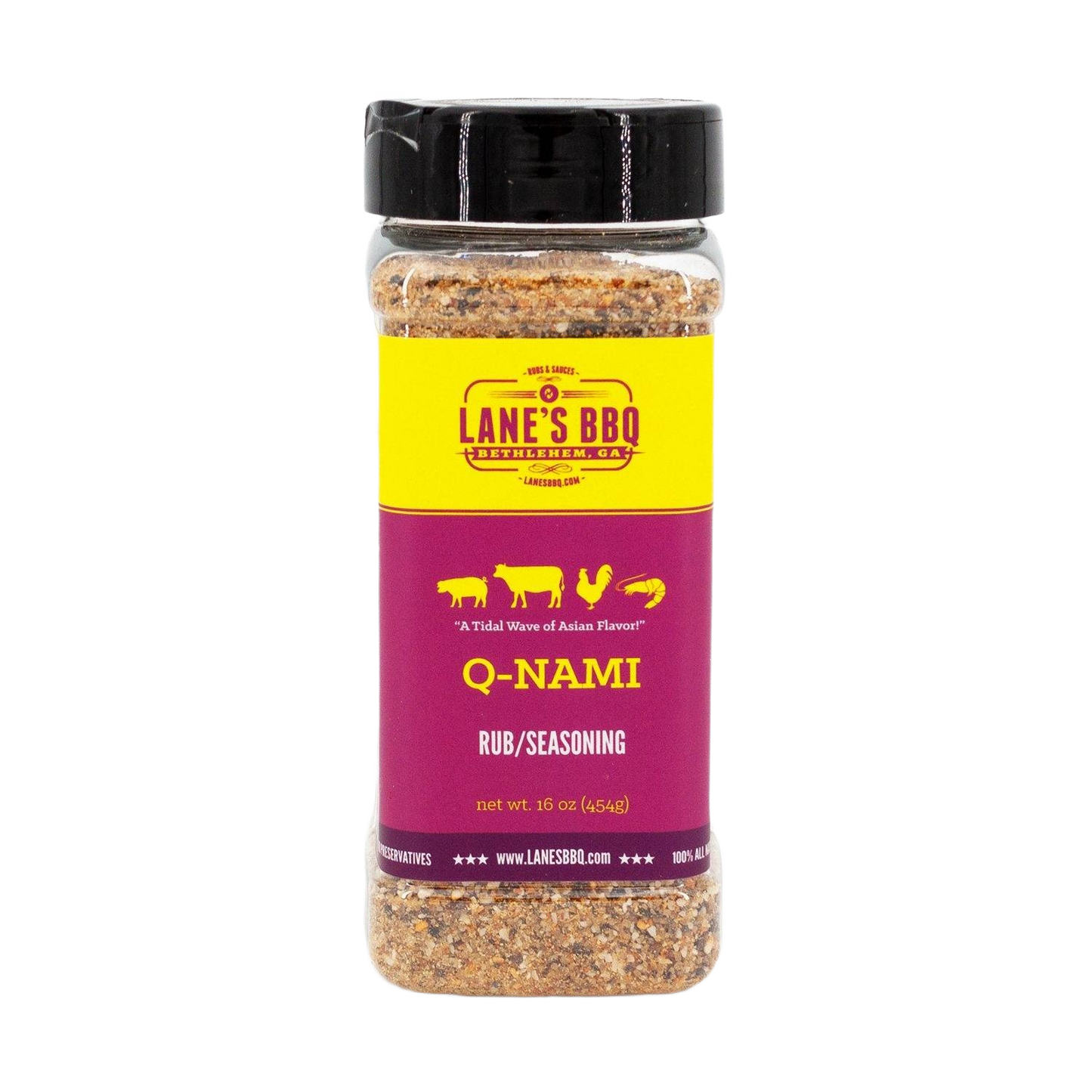 Clear plastic bottle of Lane's Q-NAMI Rub with yellow and purple label in BBQ sauces and spices collection under $50