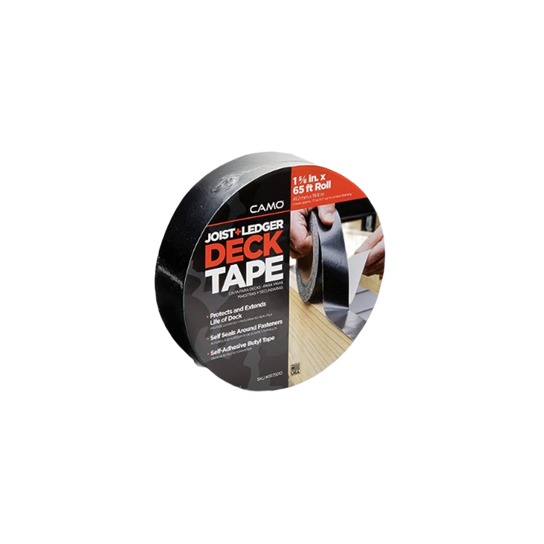 Roll of black joist and ledger deck tape for protecting and sealing deck framing in home improvement projects