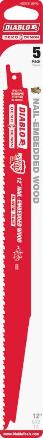 Red bi-metal saw blade labeled for cutting nail-embedded wood, part of a five-pack tool accessory set.