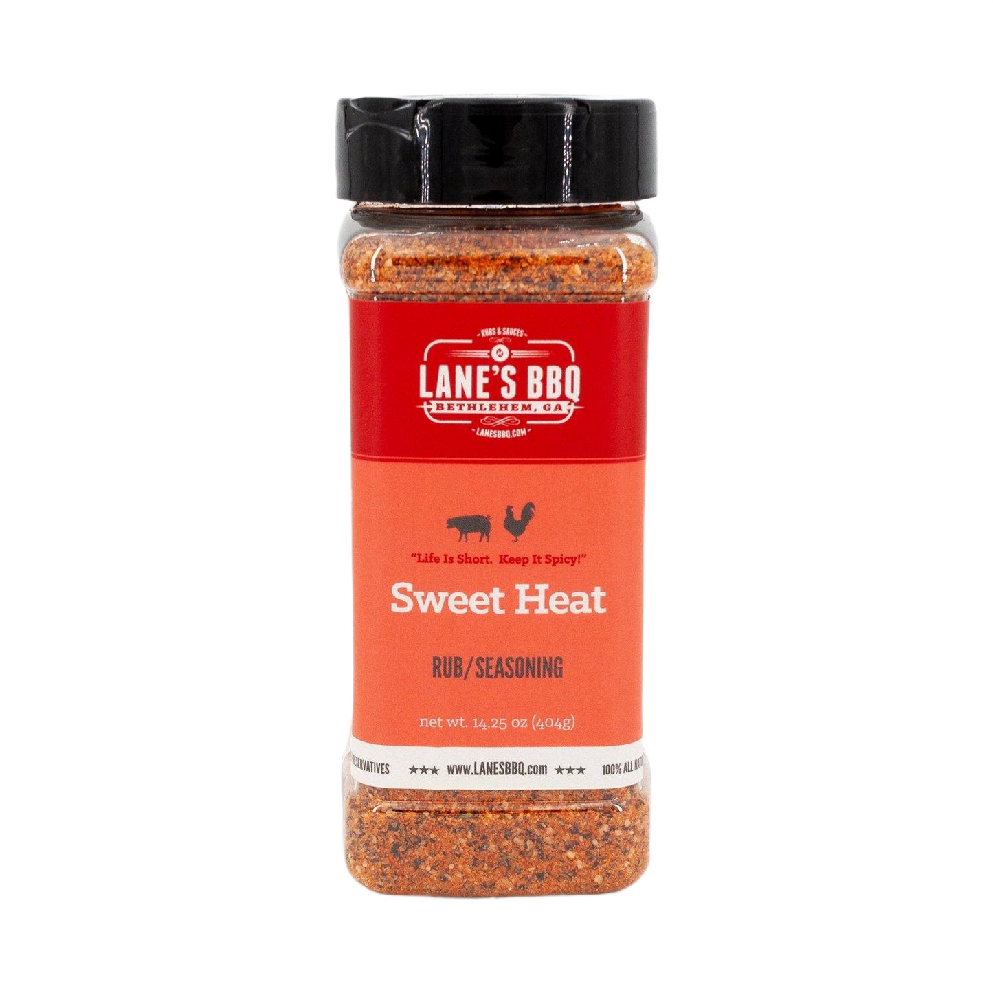 Plastic spice container of Lane's Sweet Heat BBQ rub with black lid for grilling sauces and outdoor living collections