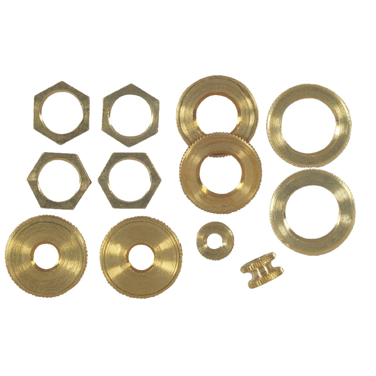 Assorted solid brass locknuts and washers for lamps and fixtures in electrical and lighting collections under $50