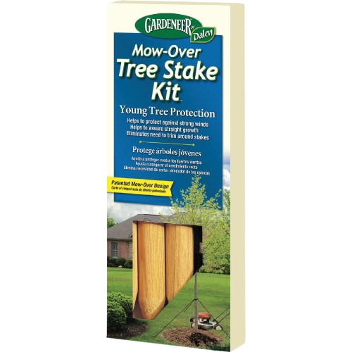 Packaging for Gardener brand young tree protection stake kit with wooden stakes shown in garden setting