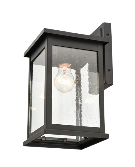 Outdoor black finished wall mount light fixture with clear seeded glass for exterior wall lighting and outdoor living spaces
