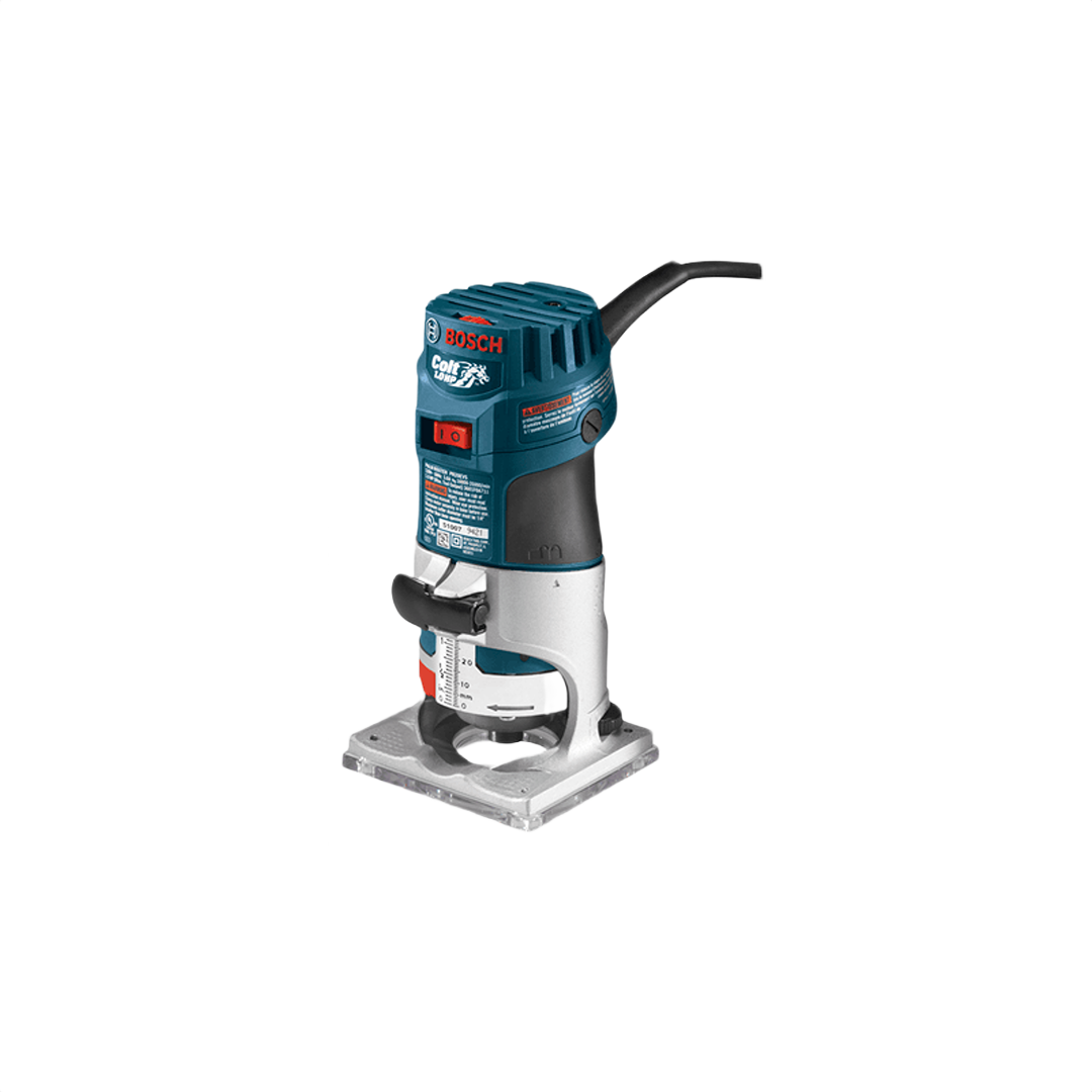 Blue and silver Bosch Colt electronic variable-speed palm router tool for woodworking tasks