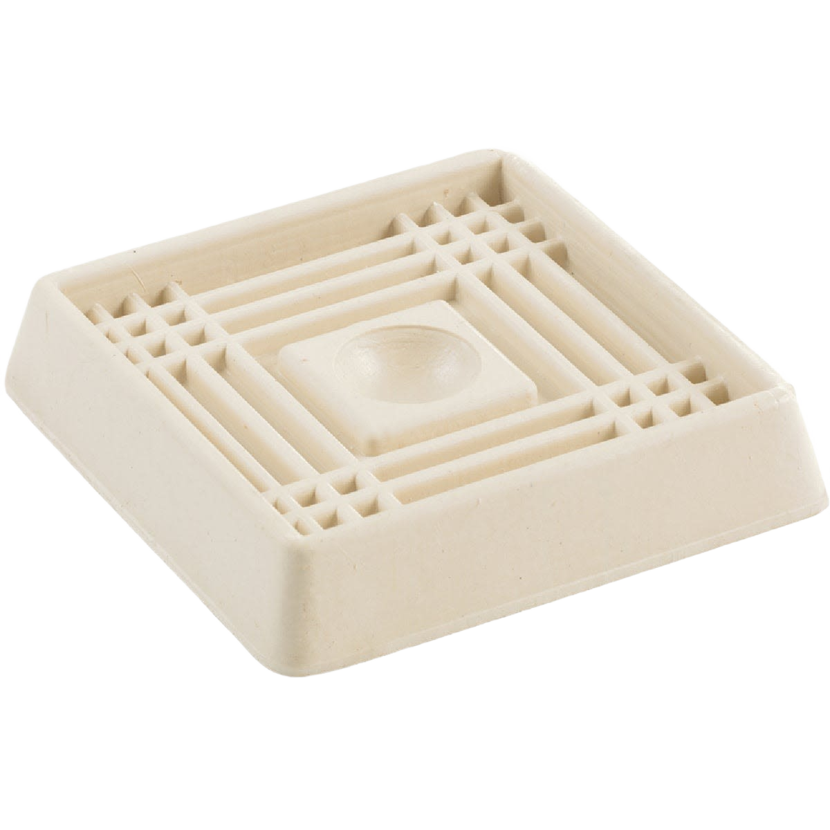 Square almond-colored plastic furniture leg cup with raised grid pattern for floor protection and stability