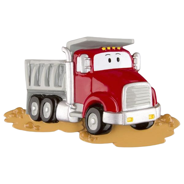 Red and silver child-friendly dumptruck ornament with smiling face on mud base from Christmas Ornaments collection