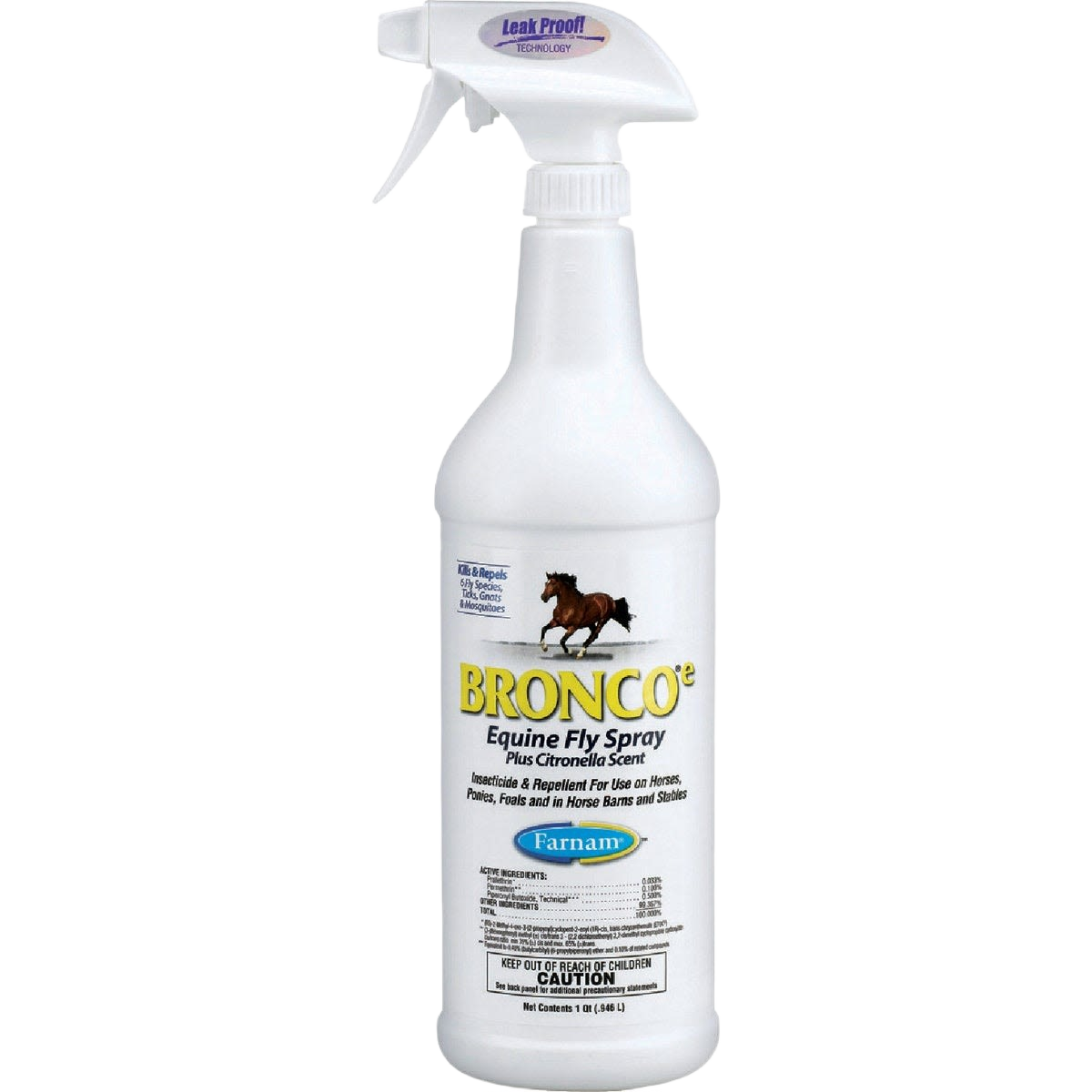 White spray bottle of Farnam Bronco equine fly spray with trigger nozzle and horse illustration on label