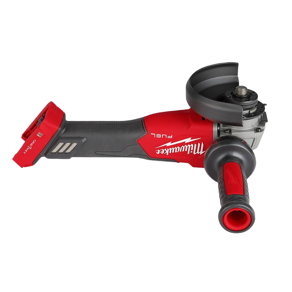 Red and black cordless braking grinder with ergonomic handle and protective guard for home improvement tasks