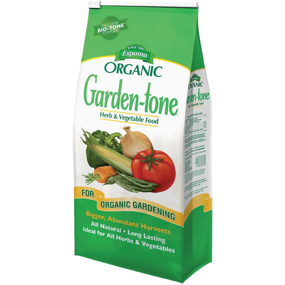 Green and white bag of organic garden-tone dry plant food with vegetable illustrations for gardening use