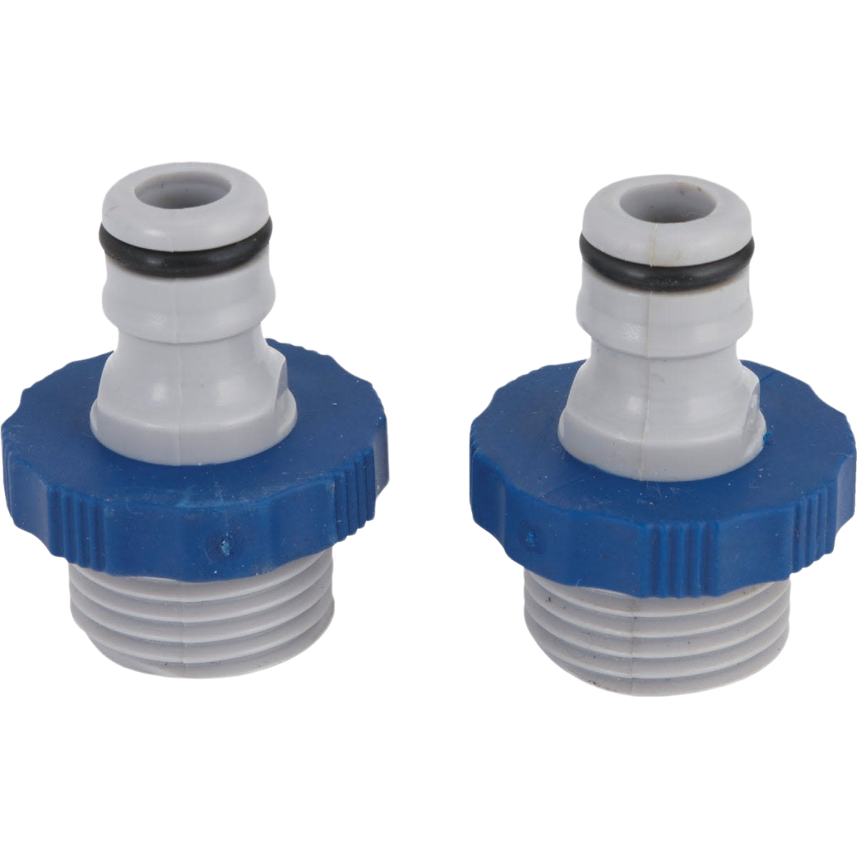 Two-pack of blue and white male poly quick connectors with rubber grip for watering and irrigation systems.