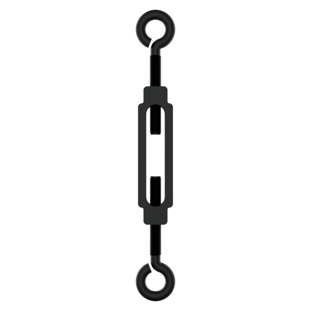 Black steel turnbuckle with eye hooks for tensioning cables and securing in hardware and fasteners collections