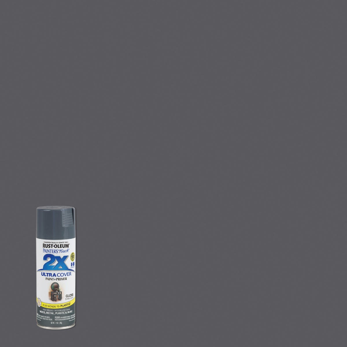 Dark gray satin spray paint and primer can for multi-surface use in spray paint and home improvement collections