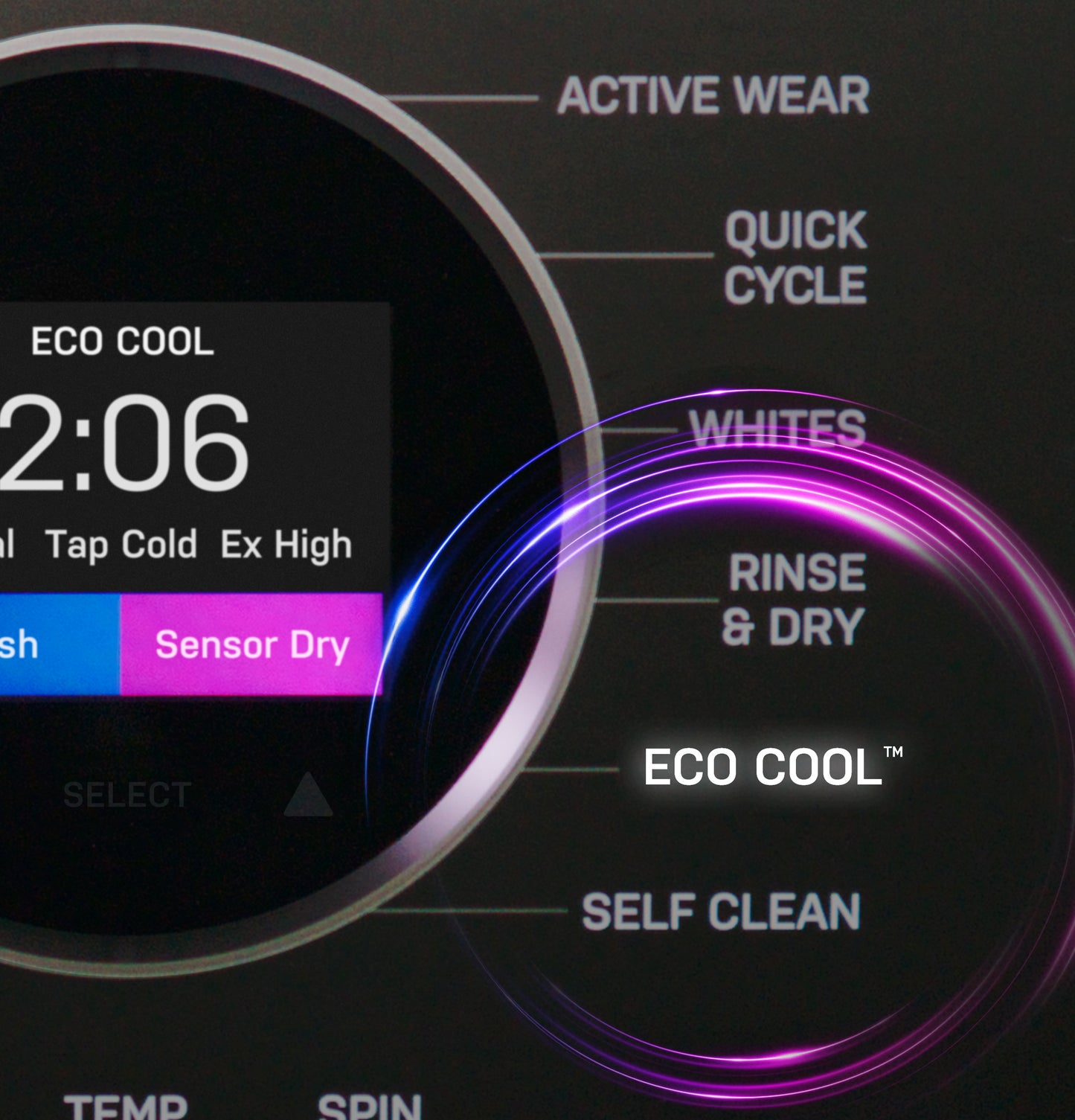 Close-up of digital control dial highlighting Eco Cool setting and wash cycles on GE Profile washer/dryer combo panel