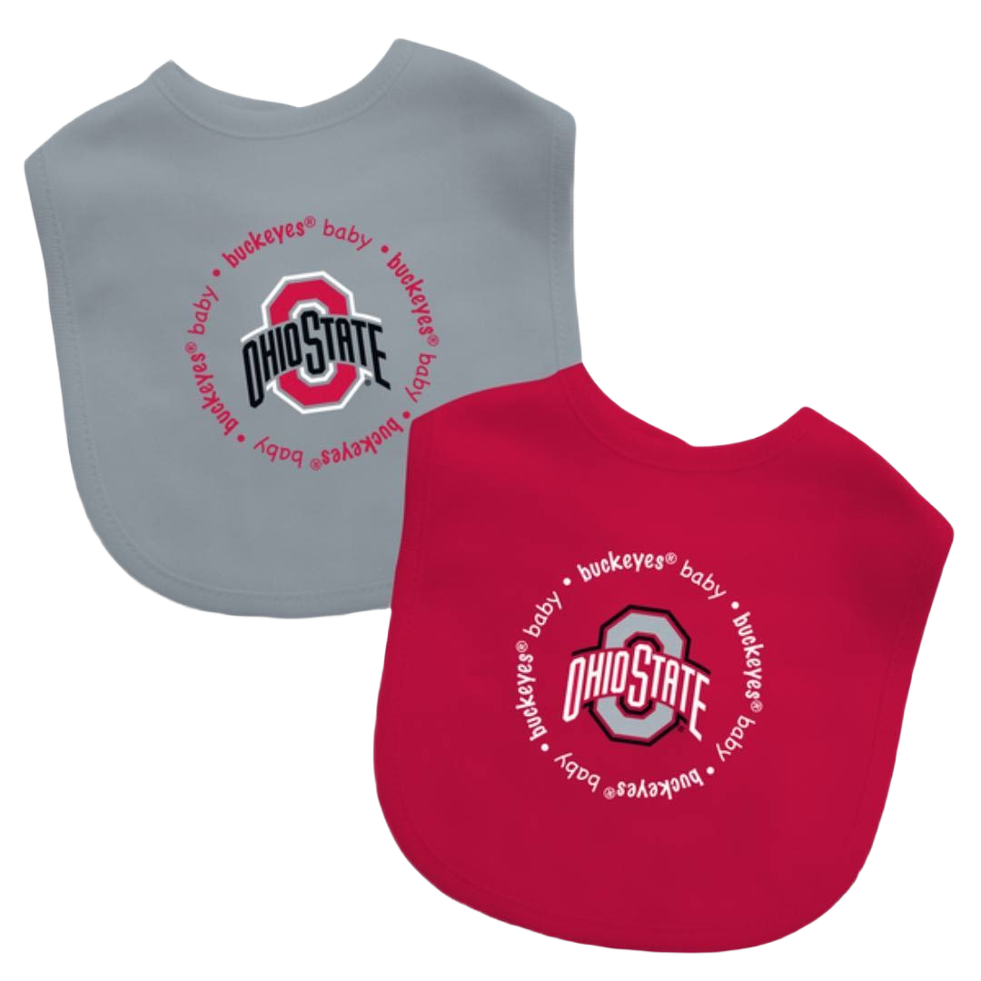Gray and red baby bibs with Ohio State logo and circular buckeyes baby text, soft fabric design