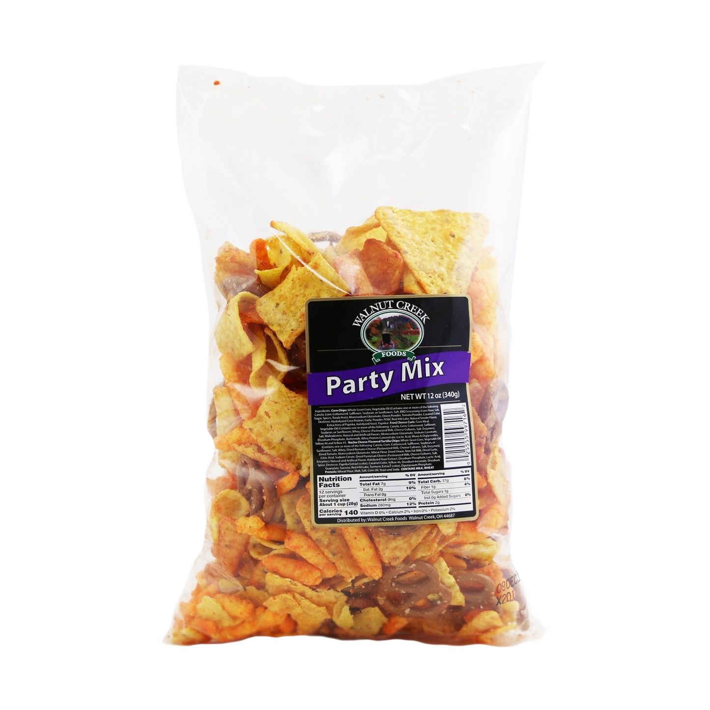 Clear bag of party mix snacks with corn chips, cheese curls, and pretzels in chips and snacks collection under $25