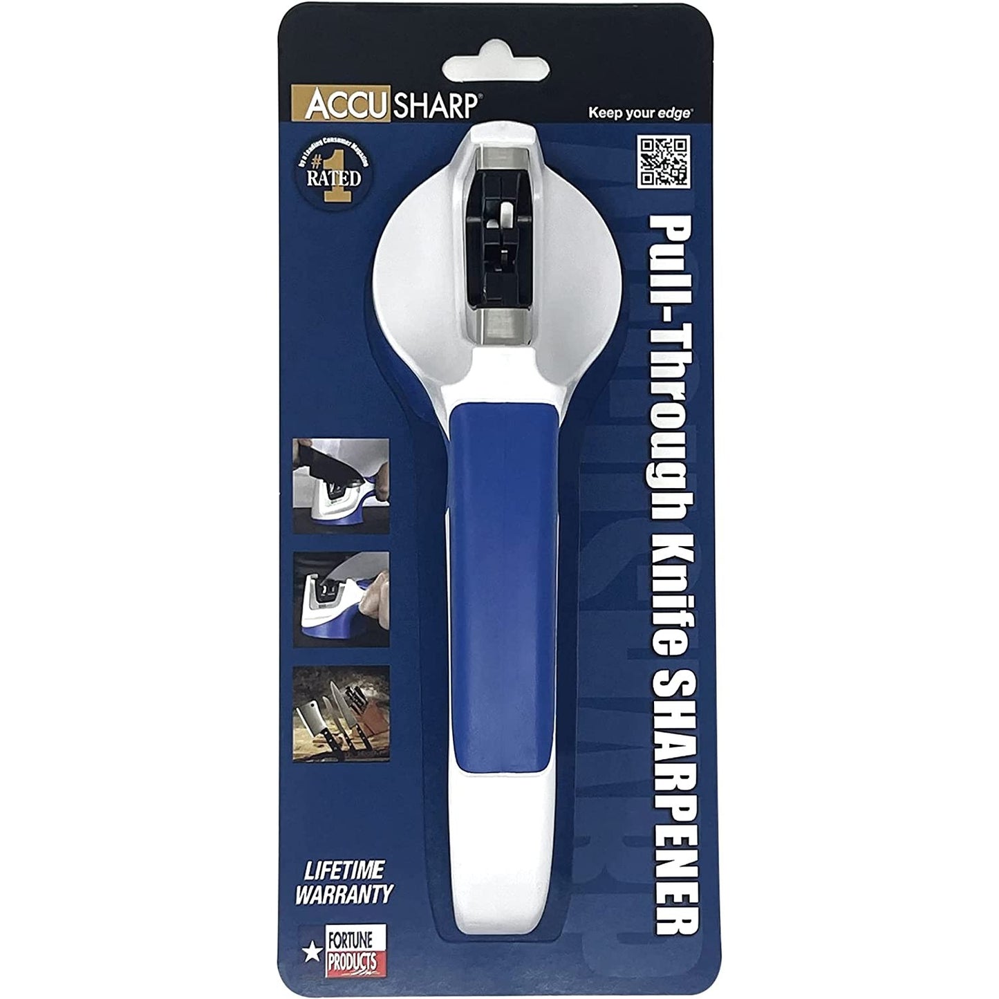 Blue and white pull-through knife sharpener with tungsten carbide and ceramic rods in woodworking tool accessories under $50 collection