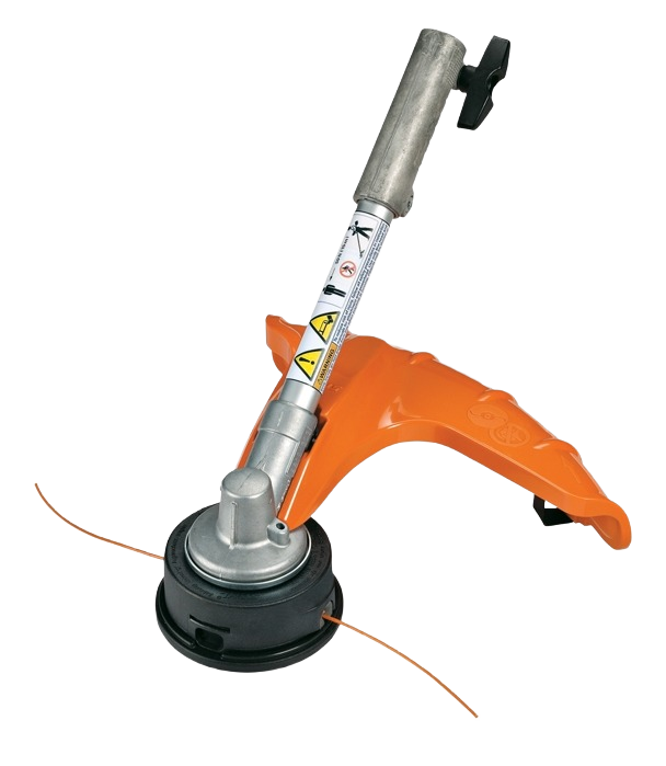 Orange and metal grass trimmer attachment with safety guard and dual orange trimming lines for garden tool use