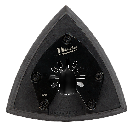 Black triangular sanding pad attachment with multiple screw holes for power tool use in home improvement projects