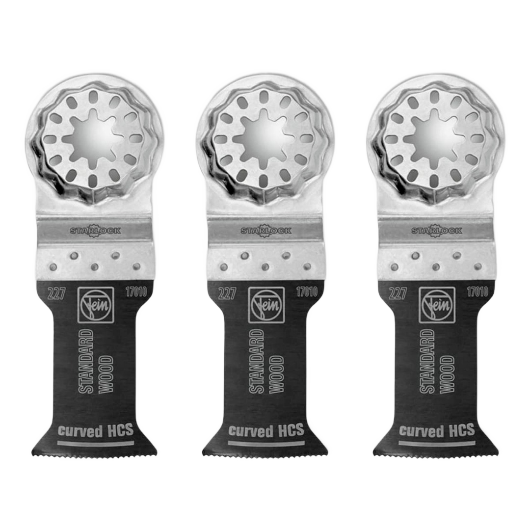 Set of three curved bi-metal saw blades with star-shaped mounting holes, designed for precise wood cutting in woodworking and power tool accessories at Hartville Hardware.