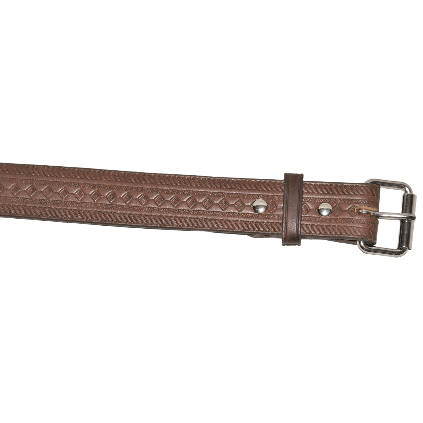 Brown leather tool belt with diamond pattern embossing and metal buckle for durable use in home improvement tasks