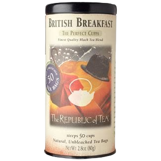 Tall cylindrical tin of British Breakfast black tea with 50 unbleached tea bags and classic packaging design