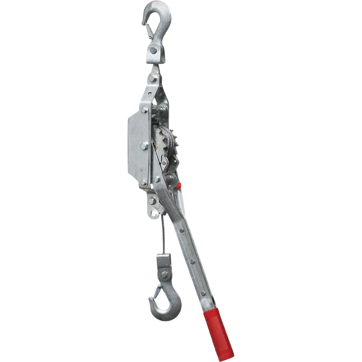 Metal cable puller with red grip handle and hooks for lifting and home improvement tool use