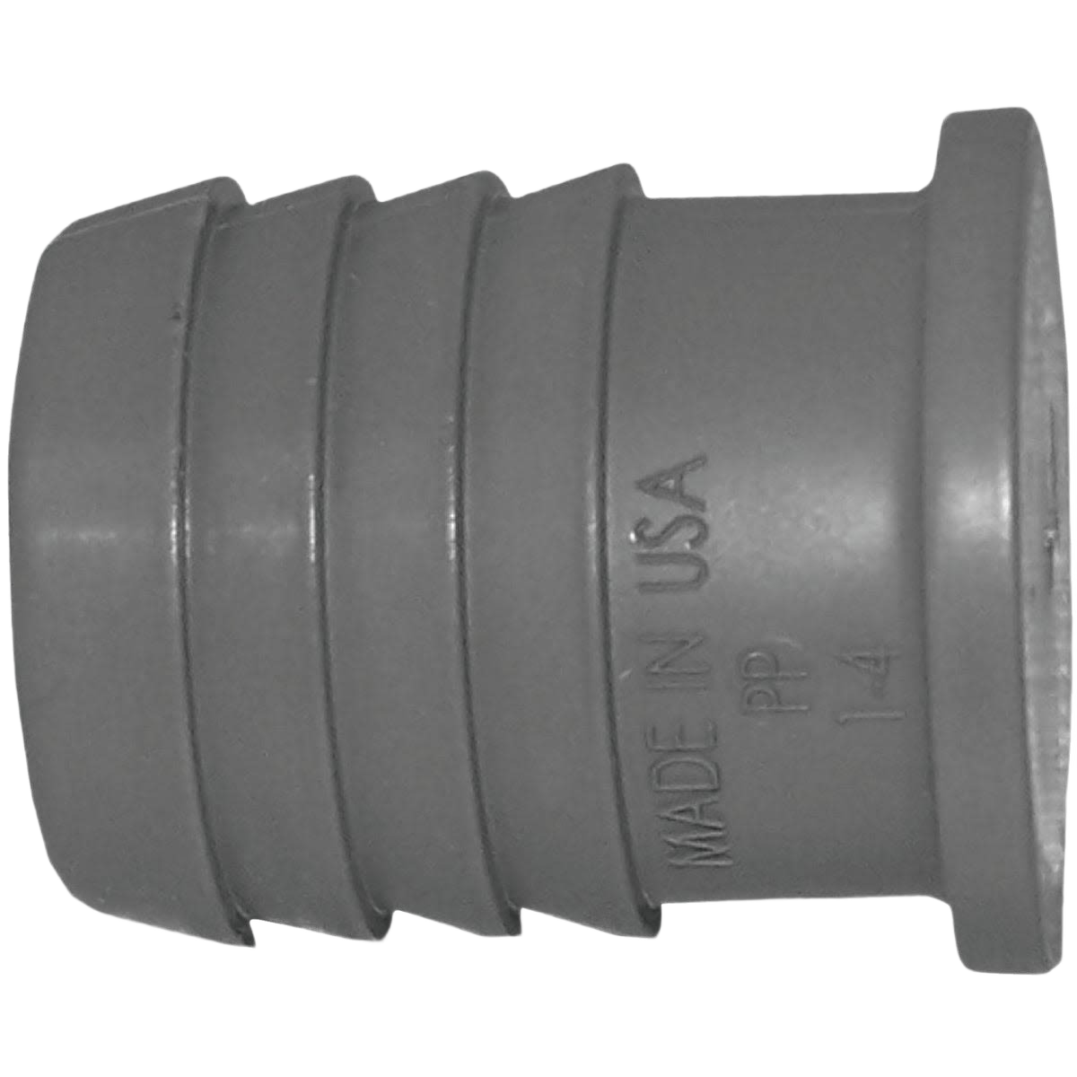 Gray polypropylene insert plug with ribbed design for secure polyethylene pipe connections in plumbing collections