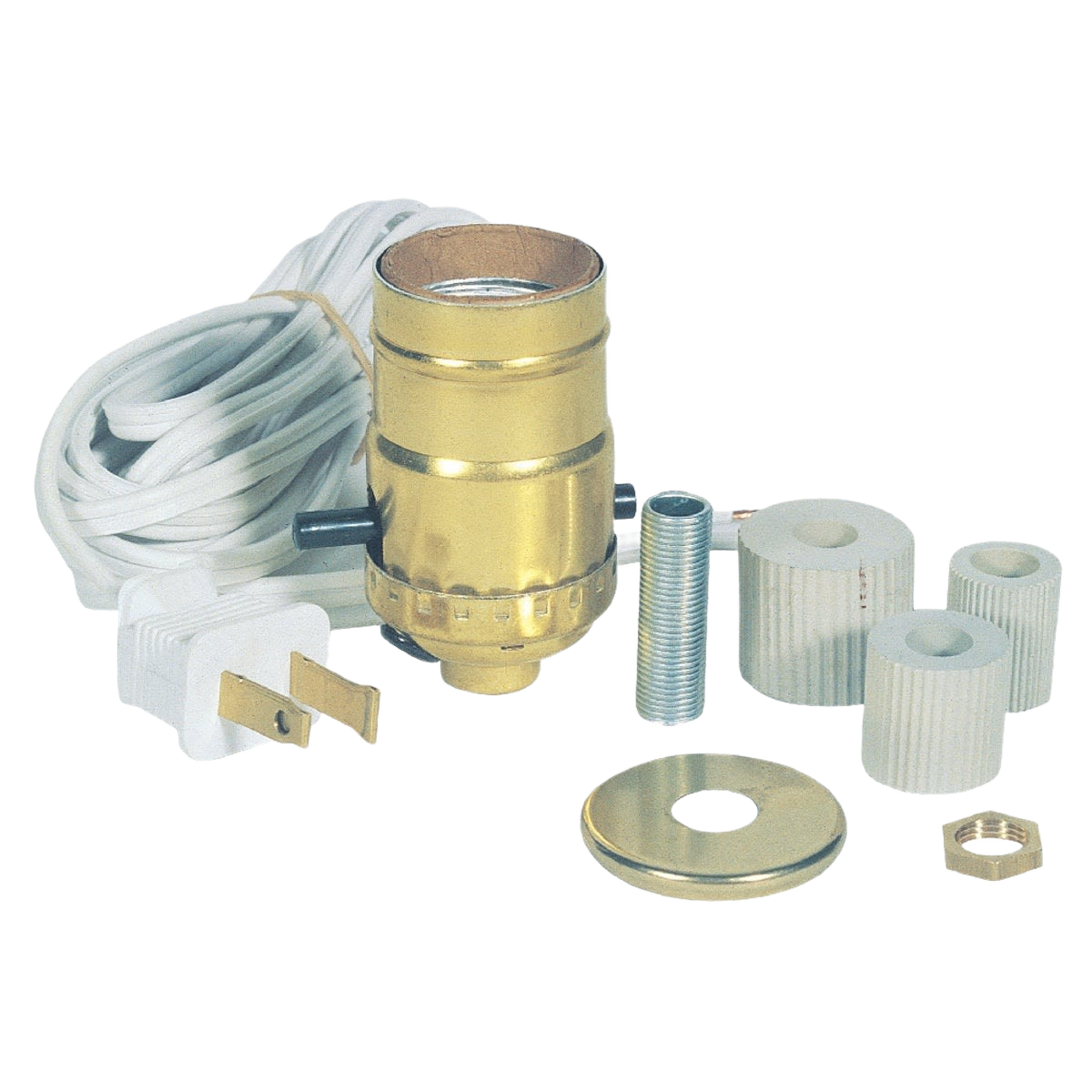 Electrified candlestick and bottle adapter lamp kit with cord set, metal fittings, and threaded connectors for lighting repair.