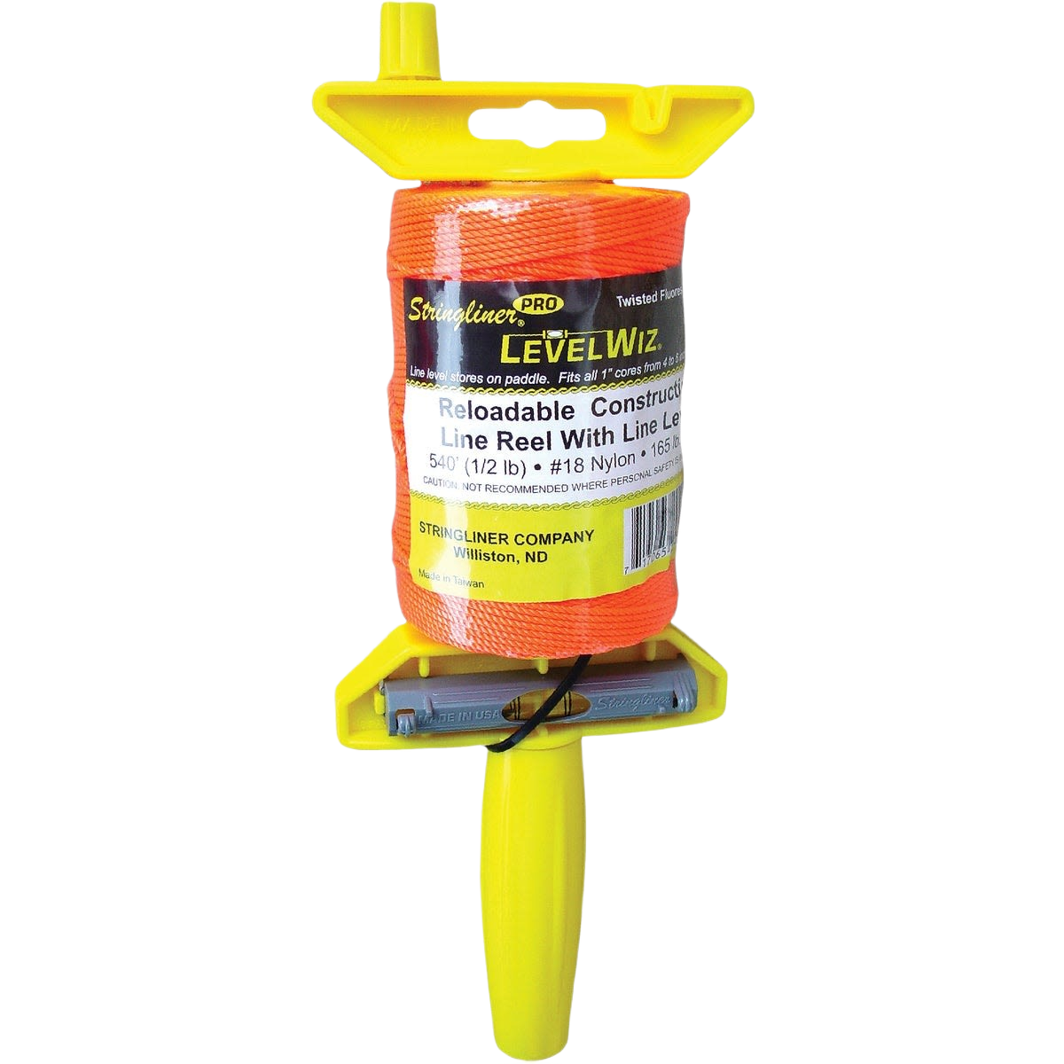 Yellow mason line reel with bright orange nylon string designed for construction and home improvement tools use