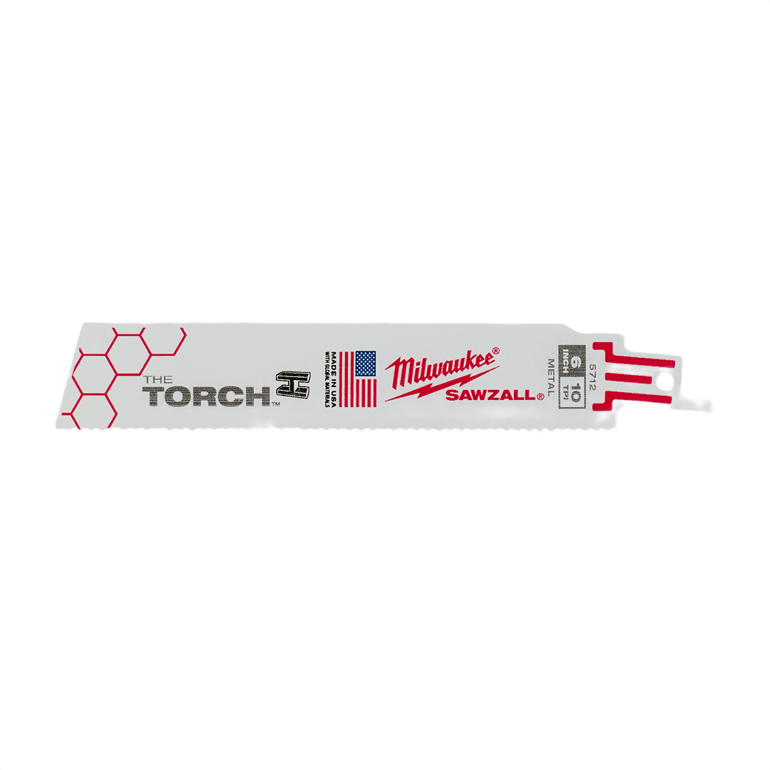 6-inch metal SAWZALL blade with 10 TPI featuring Milwaukee branding and The Torch™ design for tool use