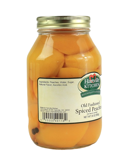 Glass jar of old fashioned spiced peaches in syrup from Hartville Kitchen in Jams & Jellies collection