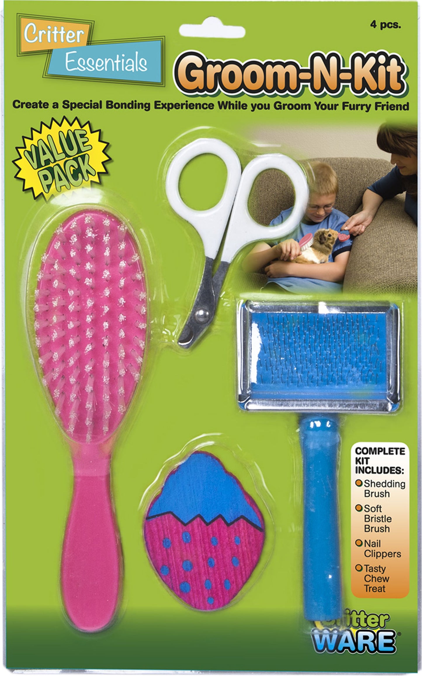 Pet grooming kit with pink bristle brush, blue soft bristle brush, white nail clippers, and chew treat for small animals