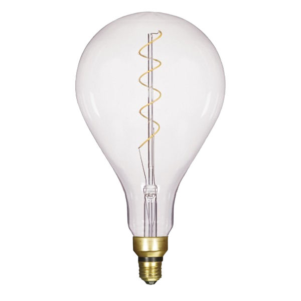 Vintage-style clear glass LED light bulb with spiral filament and medium brass base for lighting and electrical use