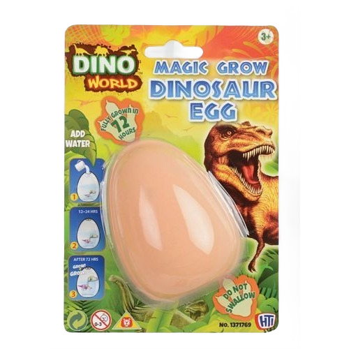 Magic grow dinosaur egg toy with packaging showing a dinosaur and instructions for water activation