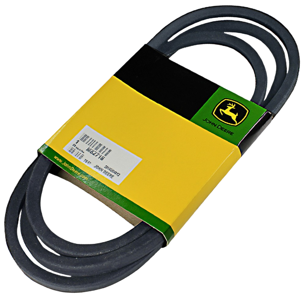 Black rubber primary deck drive belt with yellow and green branded packaging for tools and home improvement use