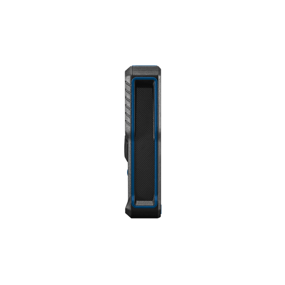 Black and blue compact laser measuring tool with textured grip for woodworking and home improvement projects