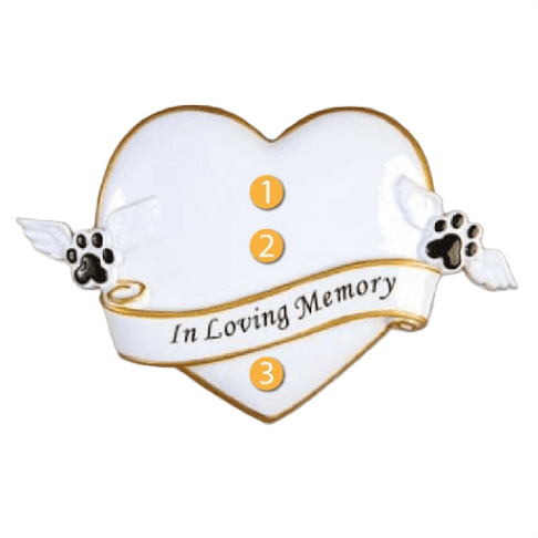White heart-shaped memorial ornament with gold trim and winged dog paw prints from Christmas Ornaments collection under $50