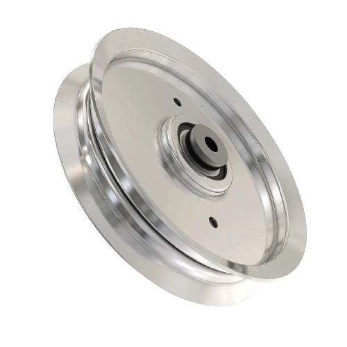 Silver metal mower deck drive pulley with smooth surface and central mounting hole for outdoor equipment maintenance