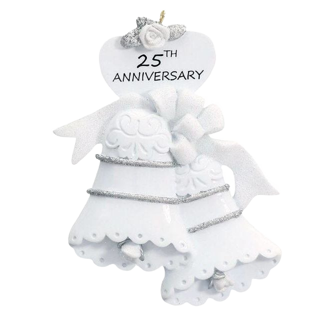 White anniversary ornament featuring two wedding bells with silver detailing and a "25th Anniversary" heart tag
