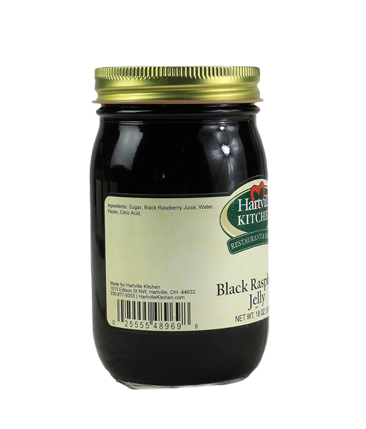 Jar of black raspberry jelly with nutrition label in Hartville Kitchen jams and jellies under $50 category