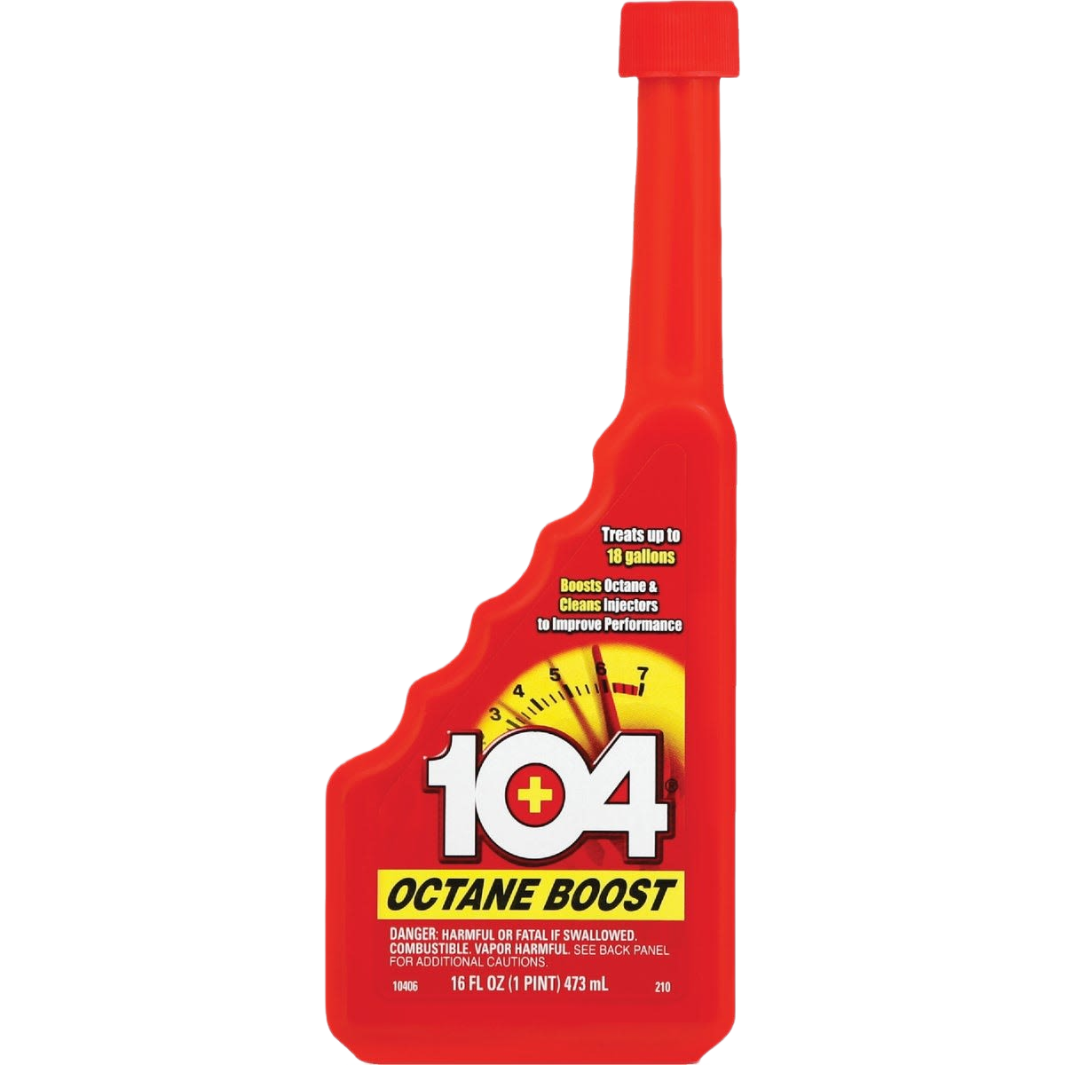 Red plastic 104 octane boost fuel treatment bottle for automotive engine and fuel system cleaning