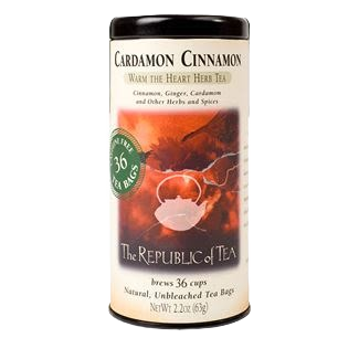Tall cylindrical tea tin with cardamom cinnamon blend and 36 natural tea bags in beverages and food collections