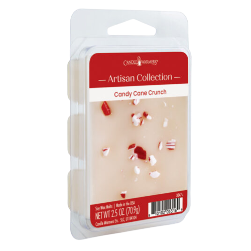 Artisan wax melts with crushed candy cane pieces in clear clamshell packaging for home fragrance use