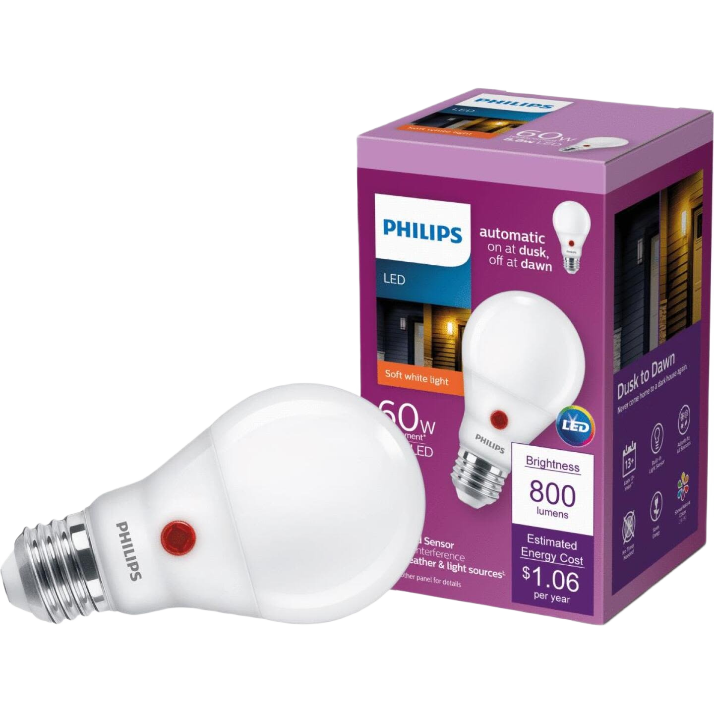 Soft white LED bulb with built-in sensor and dusk-to-dawn automatic on/off for lighting and home improvement