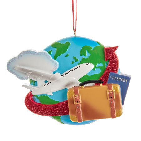 Globe ornament with white airplane, red glitter arrow, tan suitcase, and blue passport for Christmas tree decoration under $50 collections