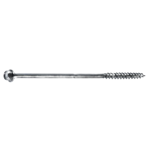 Long black metal structural wood screw with Phillips pan head, designed for lumber, siding, and building materials projects