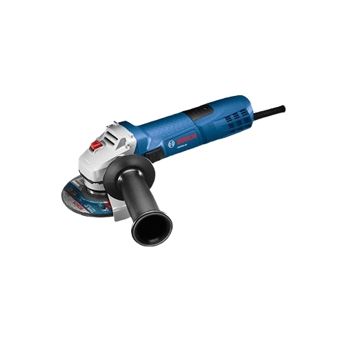 Blue and silver electric angle grinder with black side handle and cutting disc for tools and home improvement tasks